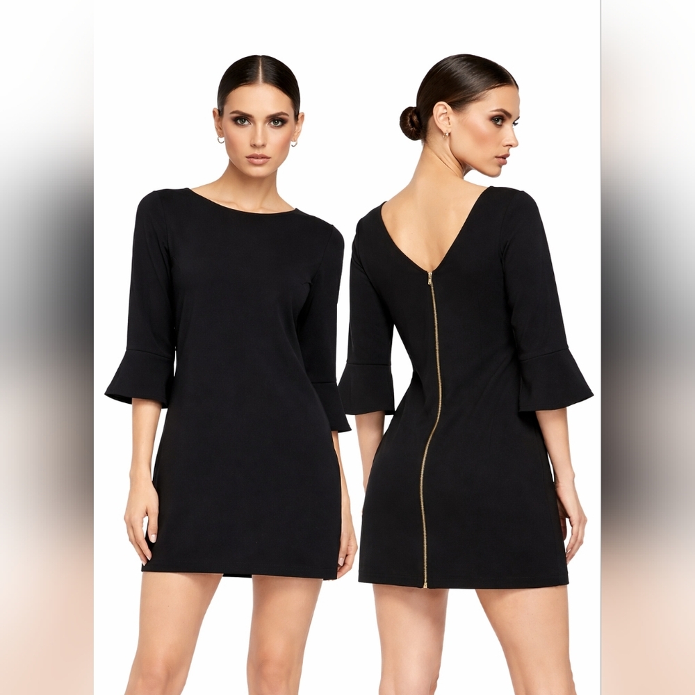 Nwt Cooper & Ella Matilda Black Dress Ruffled Hem Sleeves Gold Zip Back LBD Mini